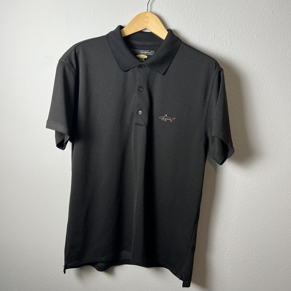 Greg Norman Polo Shirt Mens XL Black PlayDry Performance Golf Shark Embroidered‎